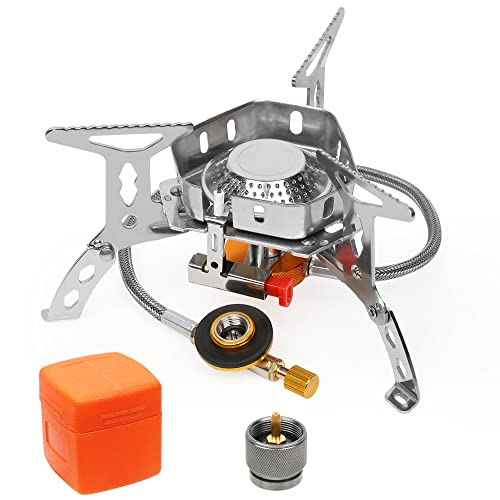 Estufa de gas resistente al viento para campamento con adaptador de depósito de combustible, encendido piezoeléctrico, funda de transporte, quemador portátil plegable para mochileros al aire libre