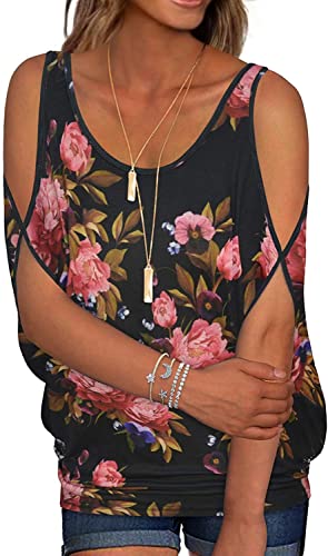 Women's Black Floral Summer Cold Shoulder Tops Casual Scoop Neck Short Sleeve T-Shirt