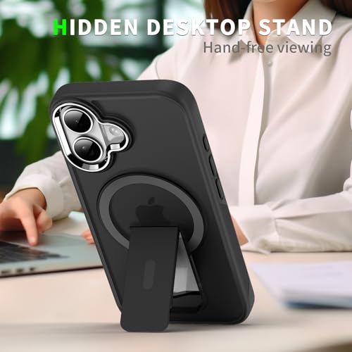 Image of DIZORO Compatible with iPhone 16 Case with Magsafe, Included Kick Stand, Non Yellow Military-Grade Drop Protection & Hard PC Back Cover Slim Matte Feel Anti-Scratch Shockproof Phone Case - Black