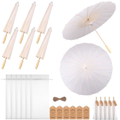 Kklolai Juego de sombrillas de papel para boda, 60 cm, tarjetas de agradecimiento, bolsa con cordón blanco, recuerdos de paraguas chino japonés, paraguas de papel engrasado para pintura y accesorios