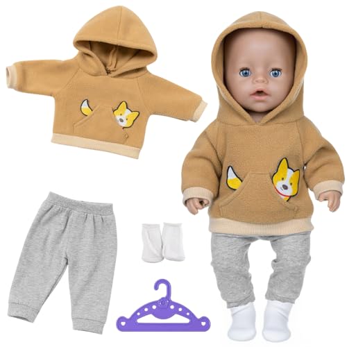Puppenkleidung für 35-43cm Baby Puppen 1 Brauner Welpen-Hoodie + 1 Paar Graue Hosen + 1 Paar Socken + 1 Kleiderbügel 4 Stück Brauner Puppen Kleidung Outfits für Baby Kinder Mädchen Jungen