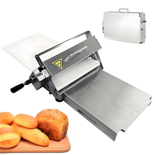Sfogliatrice pieghevole in acciaio inox con spessore regolabile per croissant e pasticceria, include un tagliere per un facile rotolamento