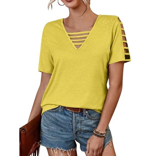 Women's Spring V Neck T-Shirt Loose Fit Hollow Out Short Sleeve Casual Summer Basic Tops for 2025 Beach Vacation Medium Yellow