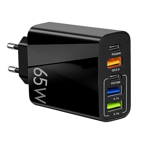 Cargador USB C 65W Carga Rápida Múltiple 5 Puertos 2 Tipo C 3 Tipo A Enchufe Adaptador Fast Charge PD 3.0 Compatible con Samsung iPad iPhone 16 15 14 13 12 11 Pro MAX SE Huawei Google Carga