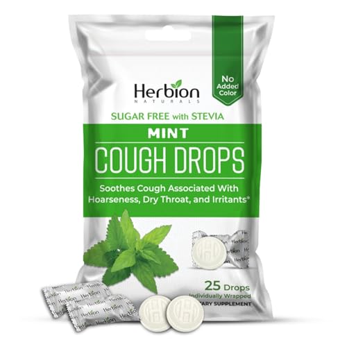 HERBION Naturals Cough Drops Sugar Free with Stevia Dietary Supplement Soothes Cough for Adults & Children Over 6 Years 25 Drops Mint Pack of 1