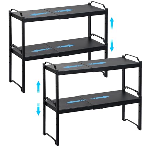Image of 4 Pack Kitchen Cabinet Shelves Organizers, Kitchen Counter Storage Shelf Spice Rack, Expandable Length, Adjustable Height, Stackable, Sturdy 30LBS Bearing, Small Cupboard Tabletop Organizer Shelf Rack
