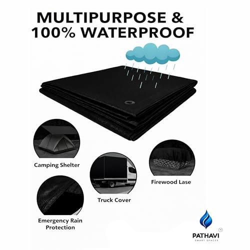 Image of Premium 9x6ft Black Tarpaulin, Thadika, 120 GSM Virgin Tharpai Sheet, Heavy Duty Waterproof Tadpatri Cover with Reinforced Eyelets & UV Protection, Ideal for Trucks, Farms, HomeUse, 1 Sheet
