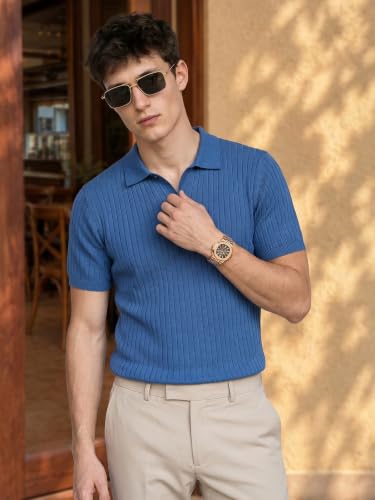 Image of Veirdo Men's Casual Ribbed Polo Collar Knit T-Shirt | Regular Fit Half Sleeve Polo for Men | Flat Knit Textured T-Shirt Perfect for Office, Party, Travel