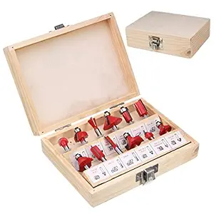 Generic 12Pcs Professional Shank Tungsten Carbide Router Bit Cutter Set Wood for Woodworking Tool with Wooden Case