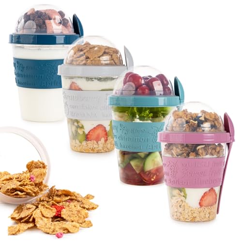 4-Pack Yogurt Parfait Cups with Lids and Spoons-20 oz Breakfast On the Go Cups,Reusable Yogurt Containers for On-the-Go, Portable Yogurt Cups with Topping Storage,Overnight Oats Containers