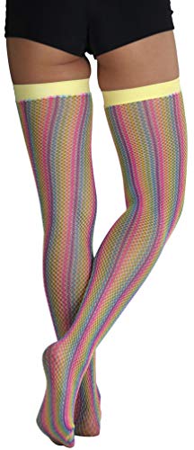 Image of ToBeInStyle Women's Rainbow Bright Multicolor Nylon Thigh High Stockings