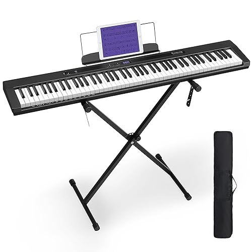 Starfavor Blutooth MIDI Digital Piano Klavier, E Piano 88 Tasten Semi-weighted, Aufladbar Tragbar Electronic Keyboards mit Ständer, Sustain Pedal, and Carrying Case für Anfänger SP-88S Black