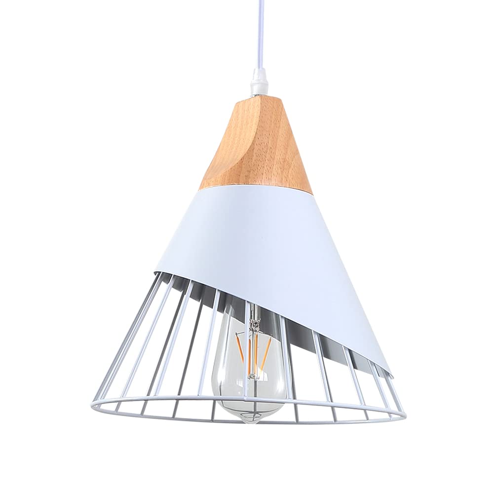 WOWEWA Lámpara Colgante de Metal Vintage,Lámpara de Techo Retro Blanca para Interiores, Lámpara Colgante de Madera E27 para cocina,restaurante,sala de estar,comedor,dormitorio,26cm