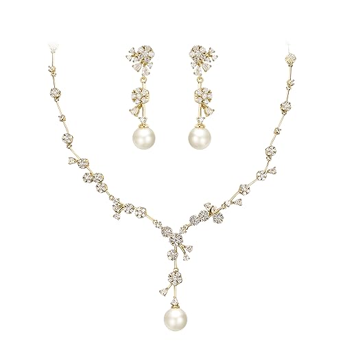 Image of White Faux Pearl Leaf Vine Bridal Cubic Zirconia Jewelry Set for Women | Wedding Party Necklace Earrings for Bridesmaid Bride