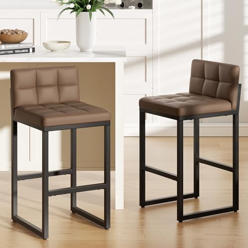 Image of Bar Stools Set of 2, Modern Counter Height Barstools, Coffee | 24 inch Faux Leather Bar Chairs with Back, Footrest, Sturdy Thickened Metal Leg, Upholstered Counter Stools for Kitchen Island