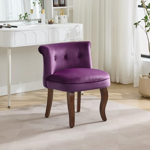 WUTUTUEE Velvet Vanity Chair with Solid Wood Legs, Tufted Upholstered Vanity Stool with Back, Mid Century Small Makeup Accent Chair for Bedroom, Living Room, Purple