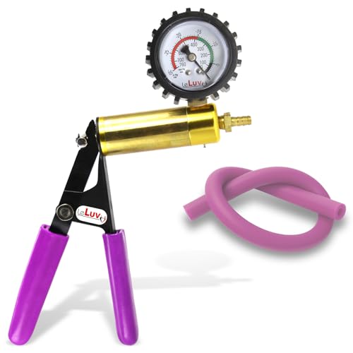 LeLuv Ultima Purple Vacuum Pump - Aluminum Alloy &amp; Brass Handle Manual Hand Vacuum (0-30 Hg, 0-760 mmHg), Gauge Installed with Protective Rubber Cover, Rubber Padded Grips with Silicone Hose
