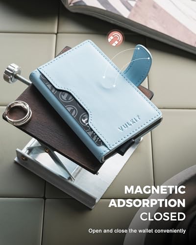 Image of VULKIT Slim Bifold Pop up Wallet Minimalist Leather Card Holder RFID Blocking Metal Card Case with ID Window for Women | with Leather Slots