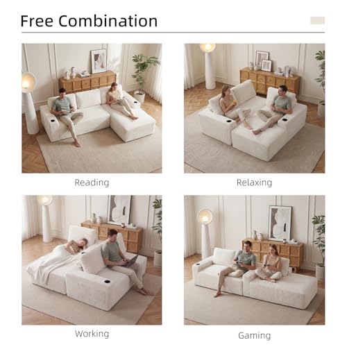 Image of 104 inch L Shaped Boneless Sectional Couches for Living Room, Comfy Corduroy Floor Cloud Sofa with Chaise and Cup Holder, Wide Armrest, Deep Seat, Assembly Free, Ideal for Small Spaces, Beige