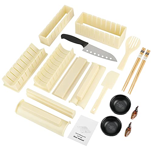 Ranchitel Sushi making kit, 15 in 1 Sushi Maker with 8 Sushi Rice Roll Mold Shapes, Sushi Mold Kit with Fork Spatula Knife and Other DIY Home Sushi Tool for Beginners