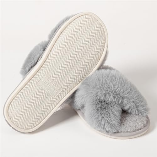 Image of Women's Cross Band Fuzzy Slippers Fluffy Open Toe House Slippers