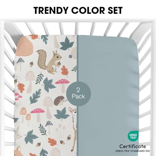 Image of Little Grape Land Crib Sheets 2 Pack, Microfiber Fitted Crib Sheet for Standard Crib Mattress 52 inchx28 inchx8 inch, Soft and Neutral Baby Crib Sheets for Boys and Girls, Breathable & Easy Care, Woodland Fawn