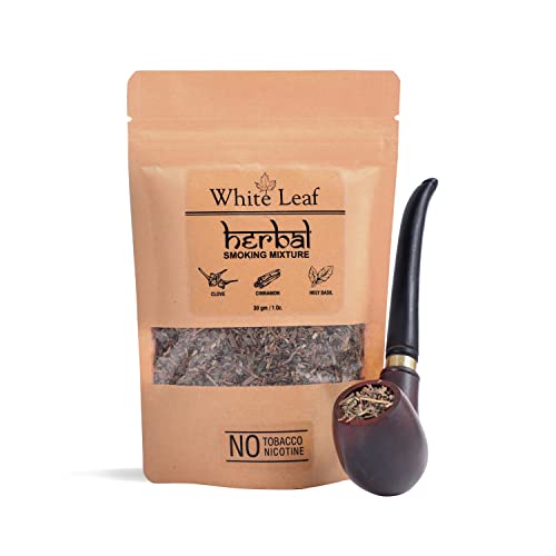 White Leaf Tobacco & Nicotine Free Smoking Mixture with 100% Natural Herbal Smoking Blend 1 Pack (1 Oz/ 30G) with Wooden Pipe