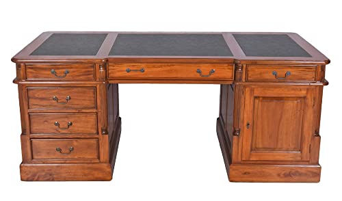 Kolonial Partnerdesk „Empire“ – Mahagoni Massivholz Schreibtisch englischen Empire-Stil – Doppelschreibtisch beidseitig nutzbar mit 12 Schubladen & Türen – Bürotisch mit Kunstleder-Auflage – 180×90