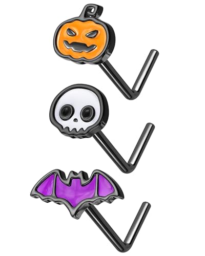 Jewseen 3Pcs Halloween Nose Rings Studs for Women Men 20G Black Nose Piercing Jewelry L Shaped Nostril Piercing Pumpkin Nostril Studs Bat Ghost Nostril Ring Nose Ring Nose Studs