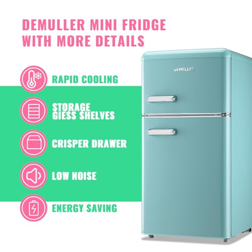 Image of DEMULLER Retro Mini Fridge with Top Freezer 100L Small Refrigerator with Two Doors & Two Handles Dorm Fridge with 7 Temperature Settings Spacous Capacity & Ideal Size Blue
