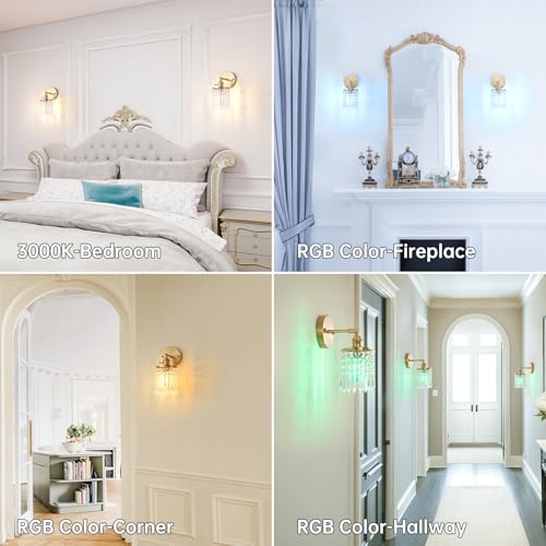 Image of Shenmoyl Set of 2 Crystal Battery Operated Wall Sconce, Rechargeable Battery Powered Wall Lamp with Remote Control, Modern Dimmable Wireless Wall Lights for Bedroom Bathroom(Transparent, Gold Base)