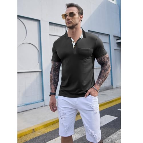Image of Men's Short Sleeve Polo Shirts Buttons Collared T Shirts with Pocket
