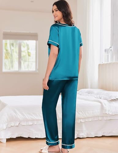 Ekouaer Satin Pajamas for Women Short Sleeve Silk Pajama Sets Soft Sleepwear Top with Causal Long Pj Pant3