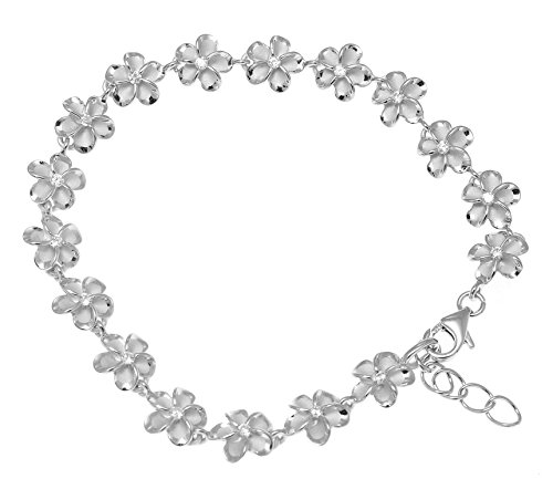 Arthur's Jewelry 925 Sterling silver rhodium plated Hawaiian 10mm cz plumeria flower bracelet 7