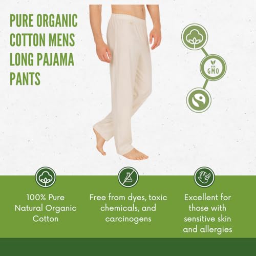 100% Pure Organic Cotton Mens Long Pajama Pants Bottoms Lounge wear Sleepwear Chemical Free Sustainable Clothing White3