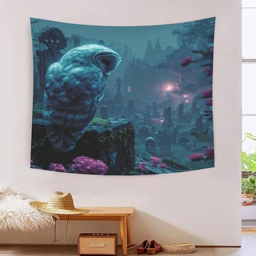 Tapisserie murale effet 3D motif hibou blanc en tissu de decoration grand format