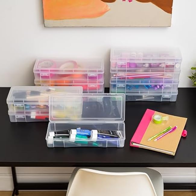 IRIS USA Pencil Case Box Storage Container for Organizing with Snap Lid, 6-Pack, Big Capacity Stackable Plastic Pen Pouch for Craft Hobby Art Supplies Journaling Stationery Sticker, Clear, Large