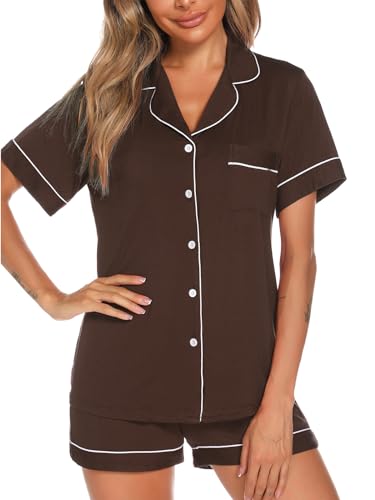 Image of Aamikast Button Up Pajama Set for Women Shorts Short Sleeve Knit Sleepwear 2 Pice Pjs Sets