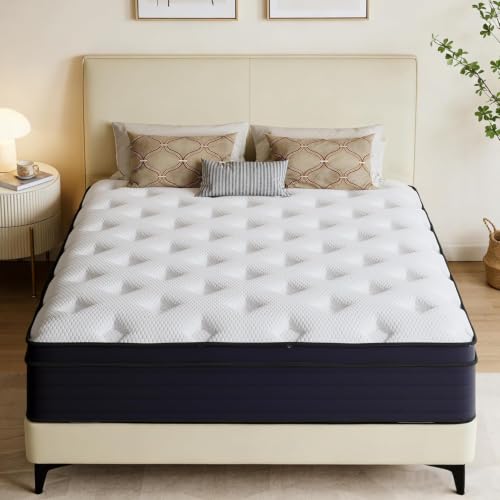 Rwatjairex 14 Inch Full Size Mattress Pocketed Coils for Strong Support Hybrid Memory Foam & Fiberglass Free Cool Night & Spinal Alignment Pressure Relief & Motion Isolation Medium Firm