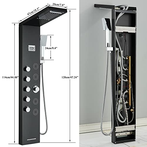 Panel de ducha de torre con sistema mezclador, chorro lluvia y masaje, fabricado en acero inoxidable y latón miniatura 2