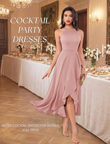 Image of Dressystar Womens 2026 Halter Slit Ruffle Wedding Guest Party Dress Elegant Maxi Long Sleeveless Formal Prom Cocktail Dresses