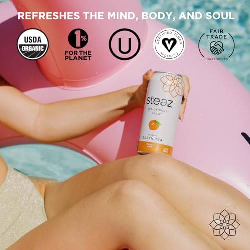 Steaz - Organic Green Tea - Peach Flavored (12 Pack) - Antioxidant Brew - 65mg Natural Caffeine, 90 Calories, Vitamin C - Cane Sugar Sweetened Iced Tea - Vegan, Fair Trade - 12 Cans, 16 fl oz (473mL)