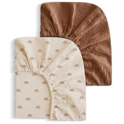 SNOOZYNEST 2 Pack Soft Muslin Baby Crib Sheets, 100% Cotton Breathable Double Layer Fitted Sheets for Standard Crib and Toddler Bed Mattresses 28x52 Inches, for Baby Girls and Boys (Brown & Rainbow