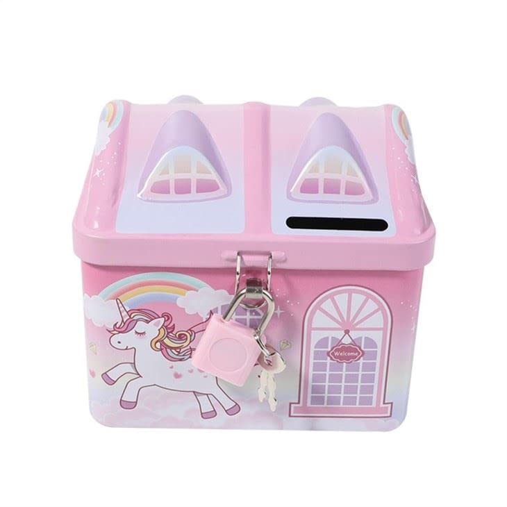 Image of WISHKEY Cute & Colorful Unicorn Printed Metal Piggy Bank With Secure Lock & Keys For Kids, House Shaped Money Saving Storage Coin Collection Box For Girls, Children (Pack Of 1, Multicolor,Classic)