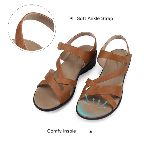 Image of SHIBEVER Wedge Sandals for Women Dressy: Comfortable Low Heel Sandals Brown | Adjustable Casual Dress Shoes with Cushioned Insole and Non-Slip Sole, All-Day Walking Size 7