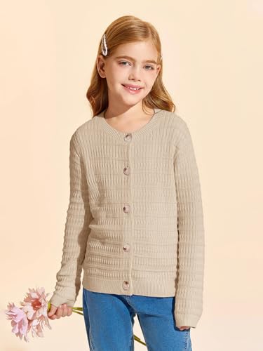 Haloumoning Girls Button Down Cardigan Jackets Kids Long Sleeve Cable Knit Sweaters 5-14 Years4