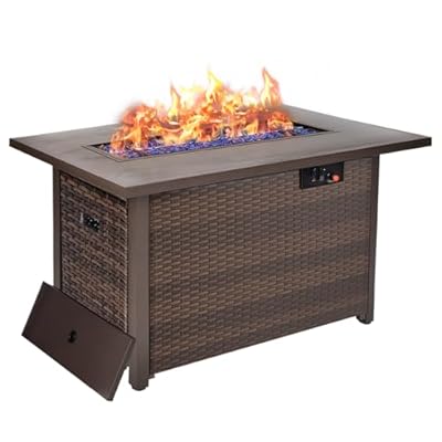 43" Propane Fire Pit Table, Patio Dining Fire Pit Table, 50,000BTU CSA Certified, Tile, Aluminum, & Wicker Details, with Lid&Wind Guard, Outdoor Fire Pit Accessories Included, for Garden, Yard