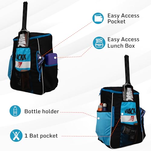 Image of WHACKK Villiers Junior Cricket Kit Bag Blue Black|51L Capacity with Bat Pocket, Mesh Pocket, Multiple Compartments & Easy Carry Design