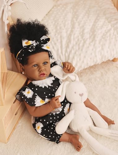 Image of HOOMAI Reborn Baby Black Dolls African American Lifelike Silicone Doll Realistic 22.8 Inch with Cloth Body Birthday Gift Set