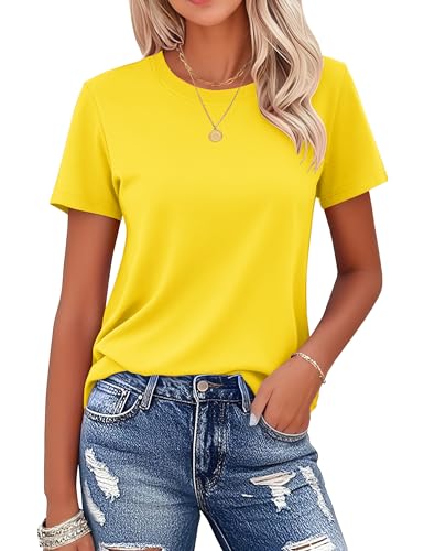 MAGCOMSEN Classic-Fit Shirt for Women Short Sleeve Crew-Neck T-Shirt Soft Breathable Cotton Basic Solid Tops Casual Tee, Yellow, L
